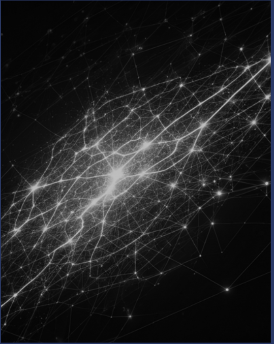 An abstract network of interconnected nodes.